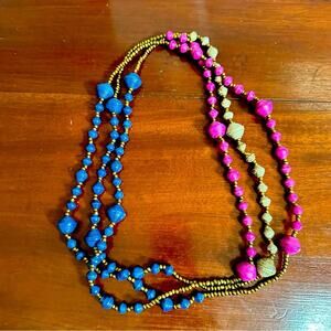 Noonday Collection Beaded Necklace Blue Pink Tan Paper Beads Long Colorful